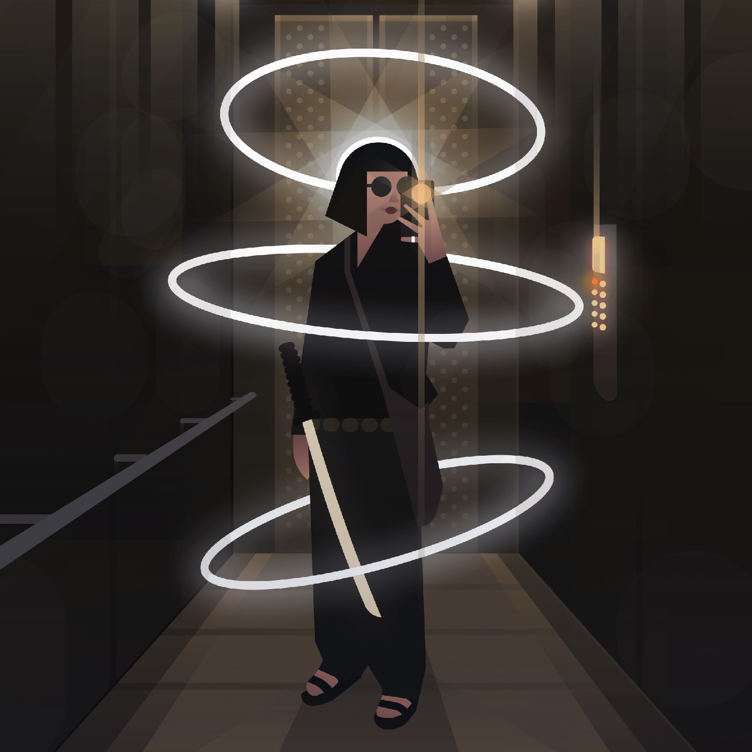 Vector illustration of a young woman in a magical elevator